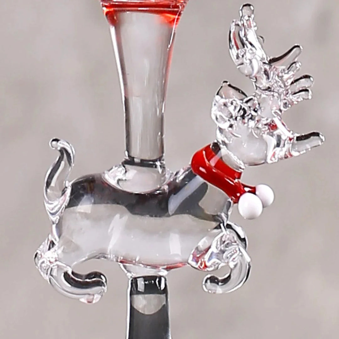 Christmas Deer Glass Figured Crystal Cut Decorated Coupe Pedestal Cocktail Serving Glass