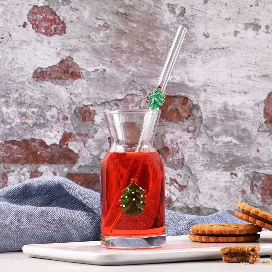 Christmas Tree Figured Serving Carafe and Glass Straw Set